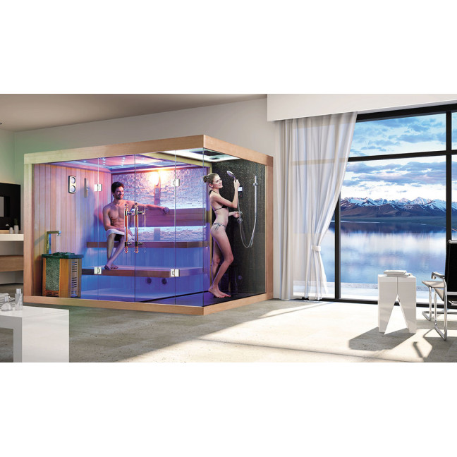 MUE-1388 Dry sauna with HARVIA 6 kW stove + Shower cabin with hydromassage and steam function | Luxury Relaxation