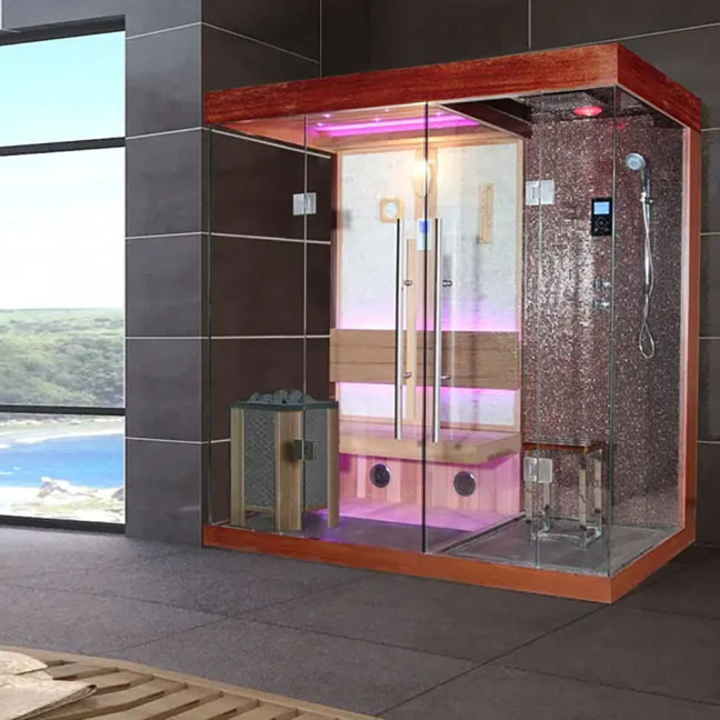 MUE-1389 Dry sauna with HARVIA 3 kW stove + Shower cabin with hydromassage and sauna function | Modern Design