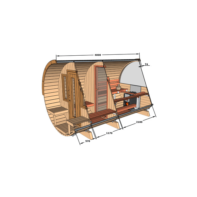 Barrel Sauna 400 Delux (Half-Moon Glass) Outdoor for 4 persons / Electric or Wood-Burning Heater Harvia 400 / High-Quality
