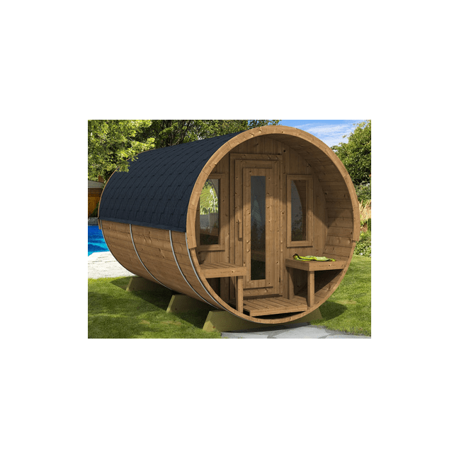 Barrel Sauna 400 Delux (Half-Moon Glass) Outdoor for 4 persons / Electric or Wood-Burning Heater Harvia 400 / High-Qualit