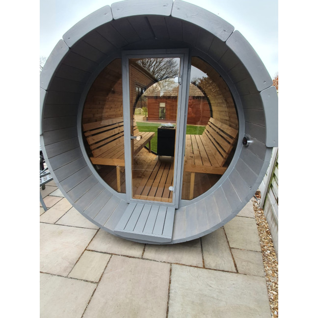 Barrel Sauna 330 with Terrace for 4 people / Electric or Wood-Burning Harvia Stove / High quality Spruce (Thermowood)