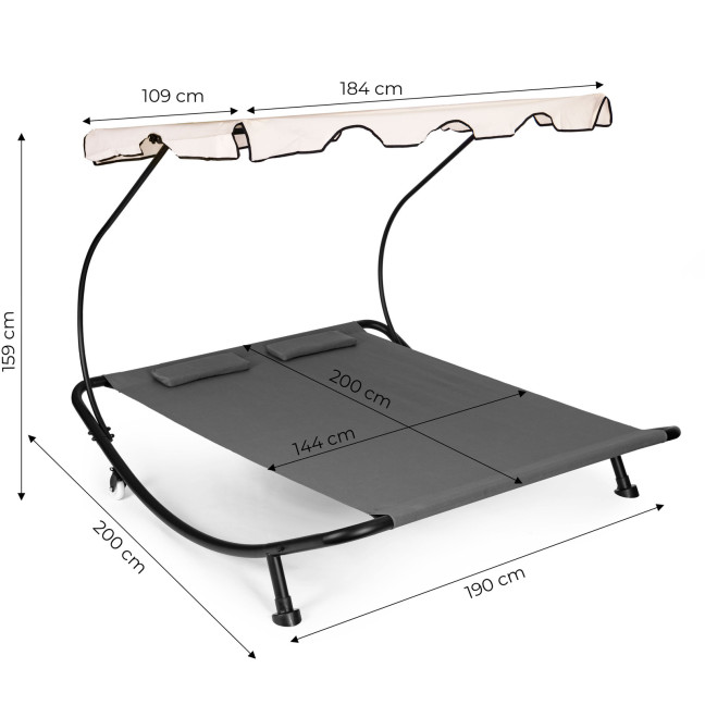 Double Garden Lounger | Beach lounger with adjustable canopy hammock for patio balcony Grey | Garden hammock on a stand