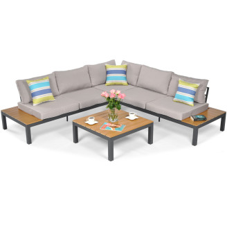 Modern 5-seater outdoor corner set made of aluminium and composite boards, supplied with thick cushions. Garden corner sofa for