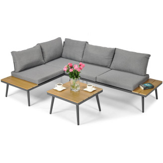 Universal garden corner sofa for 4 people, included with a coffee table. Outdoor corner sofa for the garden with gray cushions.