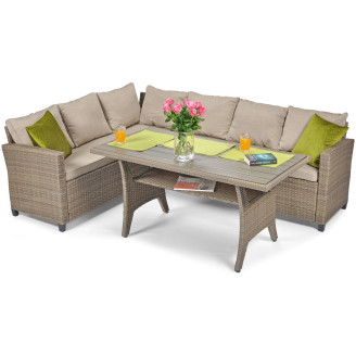 Universal right or left-handed corner sofa for the terrace. Terrace corner sofa with a large dining table. A comfortable garden