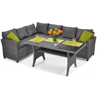 Universal right or left-handed corner sofa for the terrace. Terrace corner sofa with a large dining table. A comfortable garden