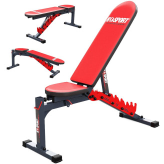 An exercise bench with a set of barbells and weights