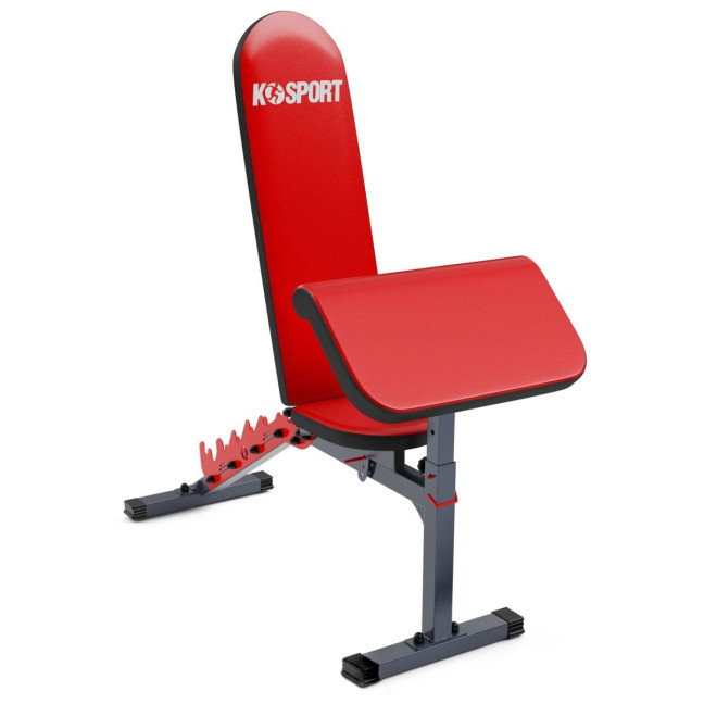 An exercise bench with a set of barbells and weights