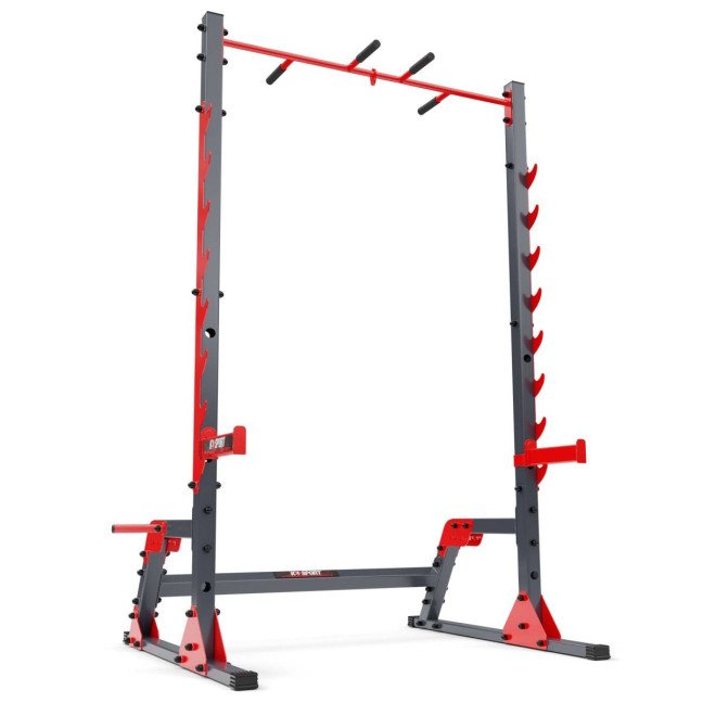 An exercise bench with a set of barbells and weights