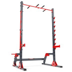 An exercise bench with a set of barbells and weights