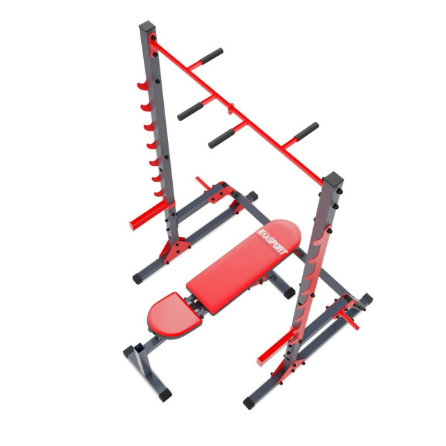 An exercise bench with a set of barbells and weights