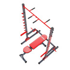 An exercise bench with a set of barbells and weights