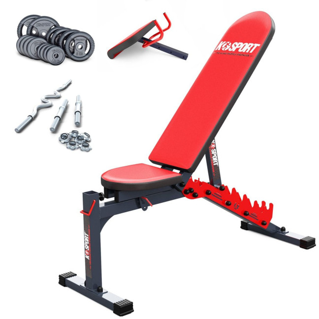 An exercise bench with a set of barbells and weights