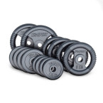 An exercise bench with a set of barbells and weights