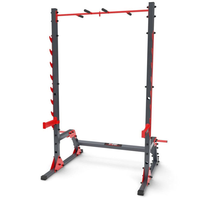 An exercise bench with a set of barbells and weights