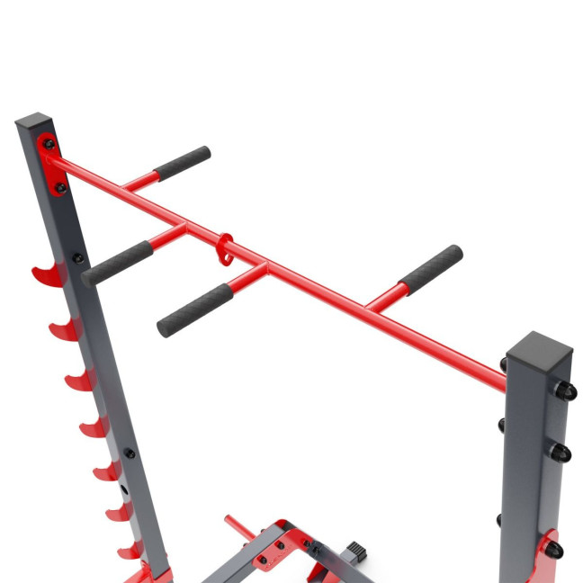 An exercise bench with a set of barbells and weights