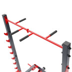 An exercise bench with a set of barbells and weights