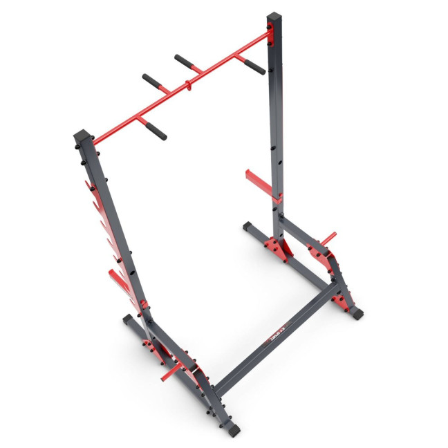 An exercise bench with a set of barbells and weights
