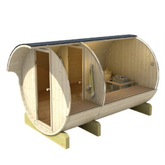 Barrel Outdoor Sauna 330 for 6 persons / Electric or Wood-Burning Harvia Stove  / High Quality Scandinavian Spruce (Thermwood)