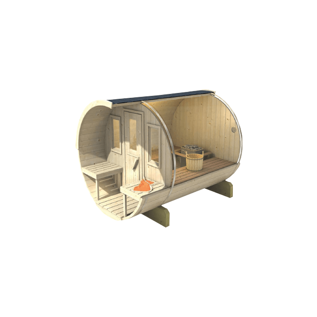 Barrel Outdoor Sauna 250 for 4 persons / Electric or Wood-Burning Harvia Stove  / High Quality Scandinavian Spruce (Thermwood)