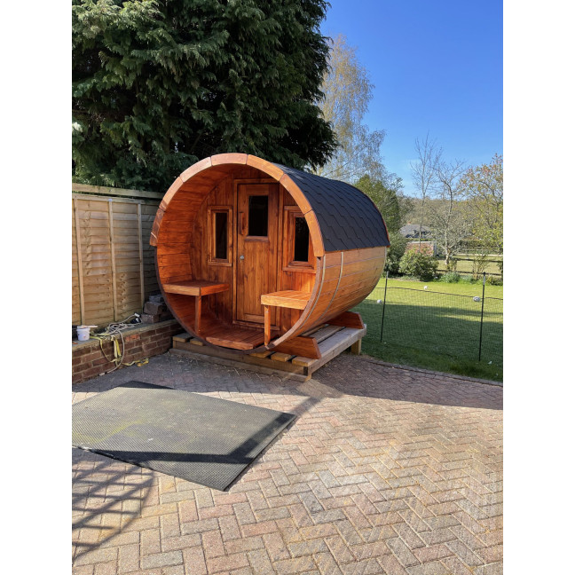 Barrel Outdoor Sauna 250 for 4 persons / Electric or Wood-Burning Harvia Stove  / High Quality Scandinavian Spruce (Thermwood)