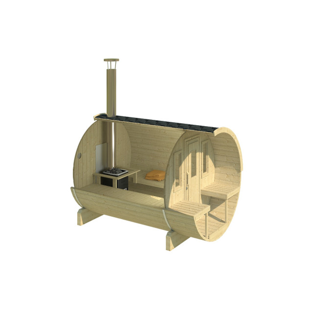 Barrel Outdoor Sauna 250 for 4 persons / Electric or Wood-Burning Harvia Stove  / High Quality Scandinavian Spruce (Thermwood)