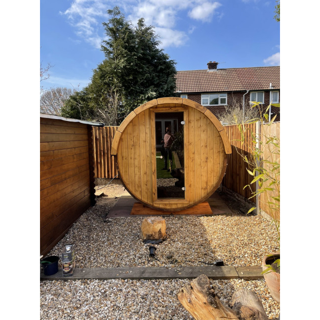 Barrel Outdoor Sauna 220 for 4 persons / Electric or Wood-Burning Harvia Stove  / High Quality Scandinavian Spruce (Thermwood)