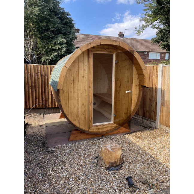Barrel Outdoor Sauna 220 for 4 persons / Electric or Wood-Burning Harvia Stove  / High Quality Scandinavian Spruce (Thermwood)