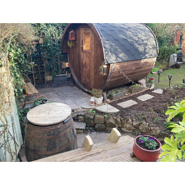 Barrel Outdoor Sauna 220 for 4 persons / Electric or Wood-Burning Harvia Stove  / High Quality Scandinavian Spruce (Thermwood)